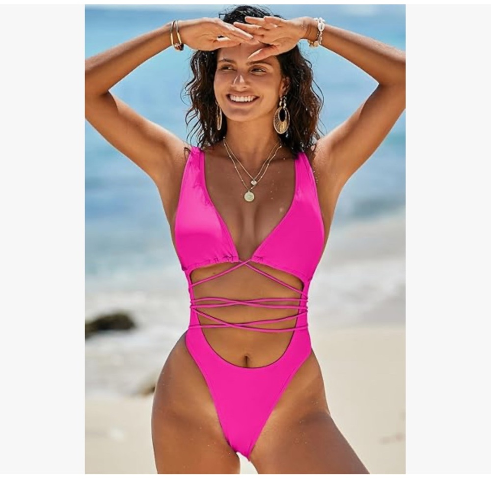 Hot Pink Strappy One-Piece Swimsuit - Picture 3 of 9